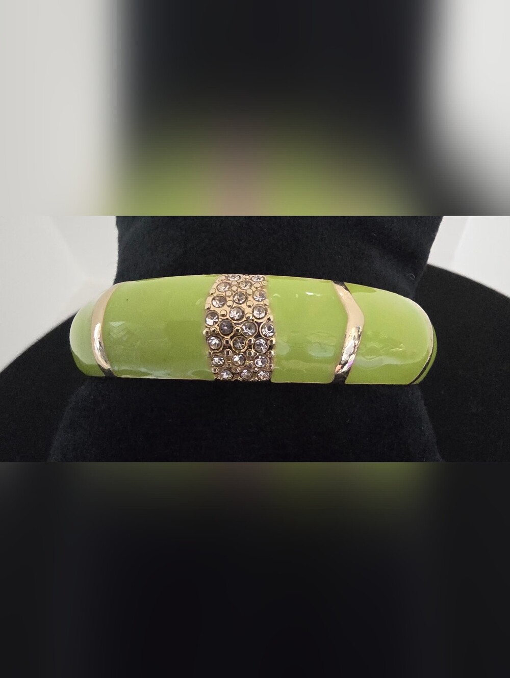 Lime Green Enamel Clapper Bracelet.  Gold Tone with Clear Crystal Accents